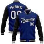 Custom Name Number Personalized Two Tone Black White Varsity Letterman Bomber Jacket Personalized Royal White-Black Bomber