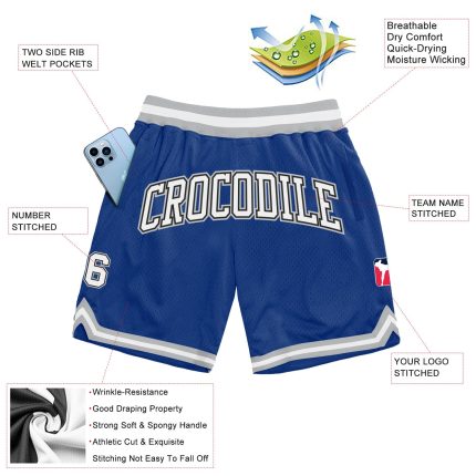 Custom Name Number Authentic Black Gray White Throwback Basketball Shorts - Personalized Team Gear Personalized Royal White