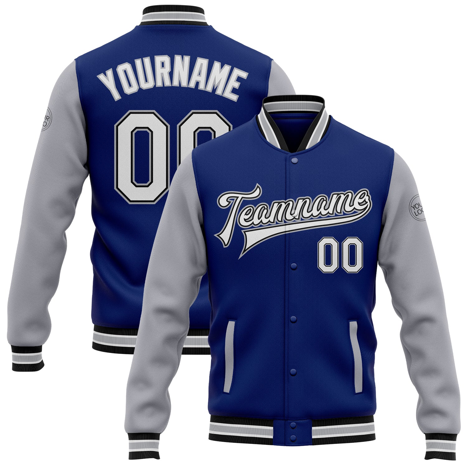 Custom Name and Number Two Tone Bomber Varsity Jacket - Personalized Royal White Black-Gray Full-Snap Letterman Jacket Personalized