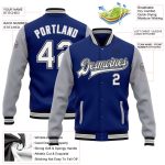 Custom Name and Number Two Tone Bomber Varsity Jacket - Personalized Royal White Black-Gray Full-Snap Letterman Jacket Personalized