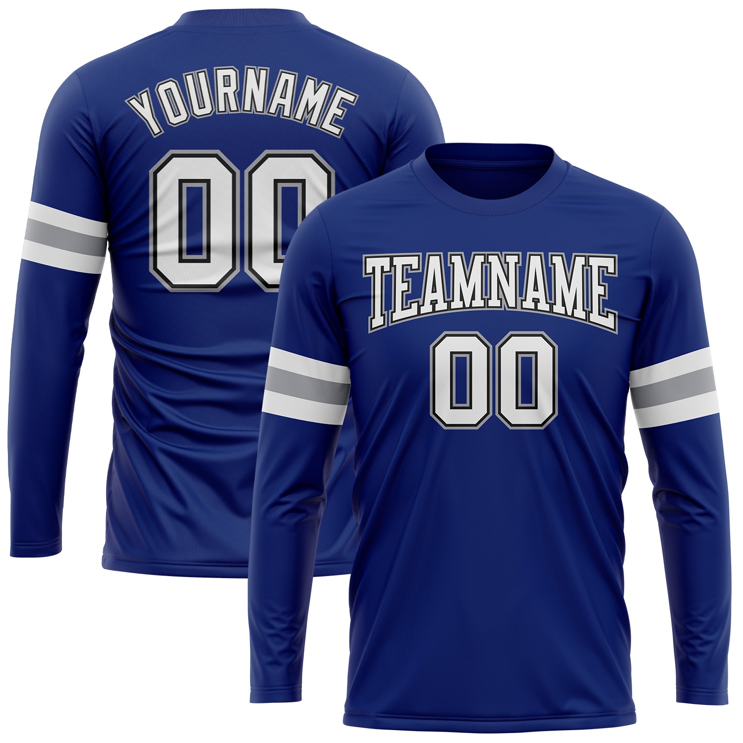 Custom Team Name and Number Long Sleeve Performance T-Shirt - Personalized Royal White Black-Gray Design Personalized Royal