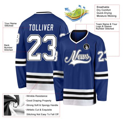 Custom Name and Number Personalized Hockey Jersey - Royal White-Black Team Jersey Personalized Royal White-Black Hockey Jersey