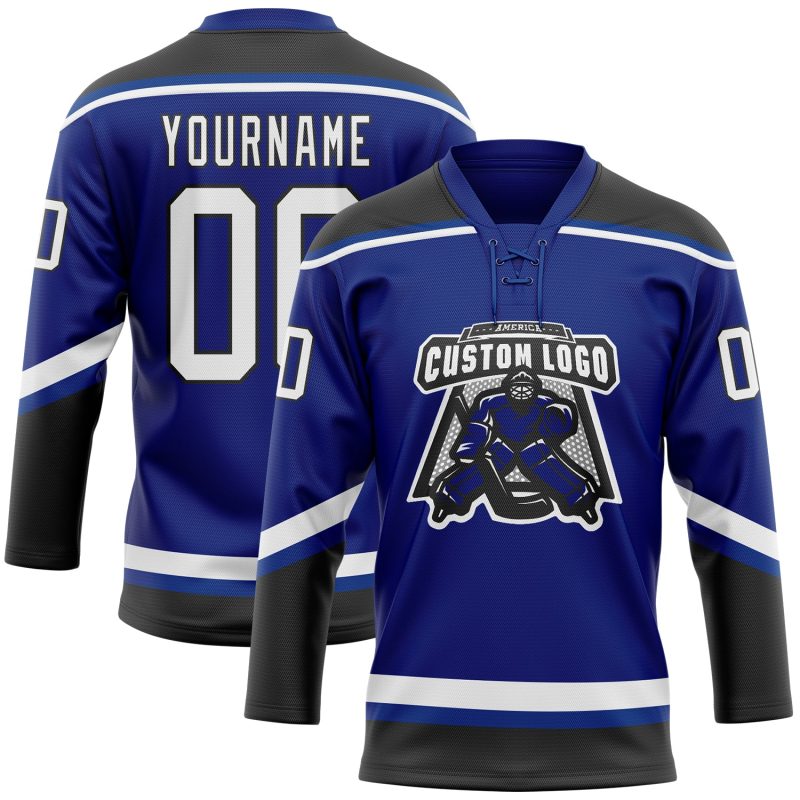 Custom Name Number Personalized Royal Black White Hockey Jersey Lace Neck Personalized Royal White-Black Hockey Lace Neck