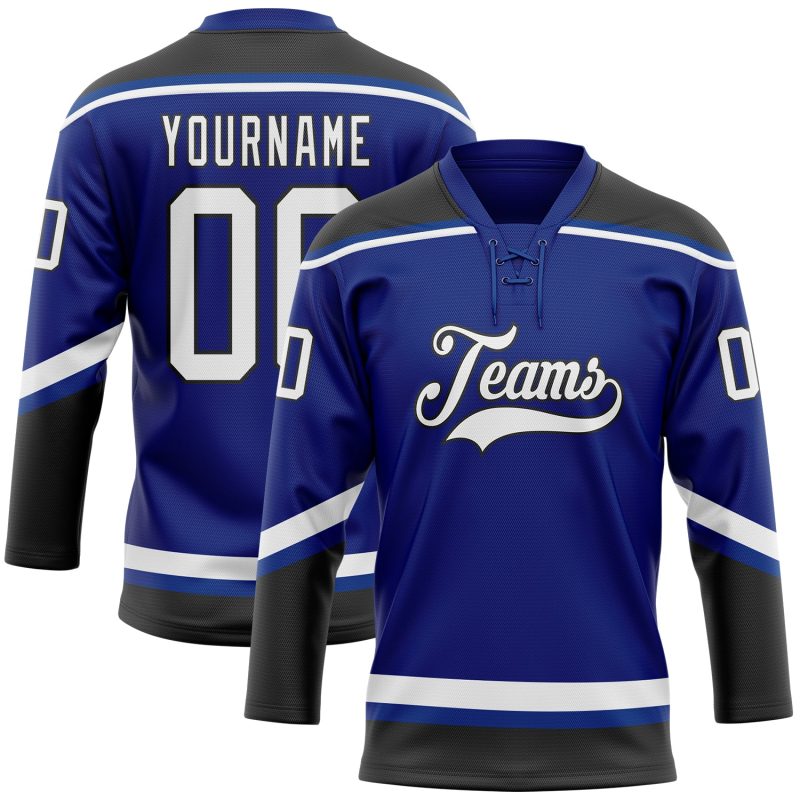 Custom Name Number Personalized Royal Black White Hockey Jersey Lace Neck Personalized Royal White-Black Hockey Lace Neck