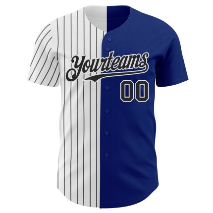 Custom Name & Number Personalized Royal Black Pinstripe Baseball Jersey - Authentic Split Fashion Personalized Royal White-Black