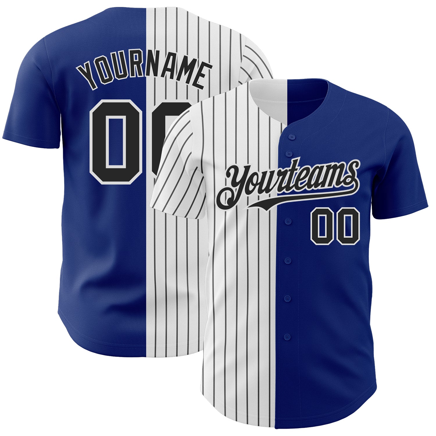 Custom Name & Number Personalized Royal Black Pinstripe Baseball Jersey - Authentic Split Fashion Personalized Royal White-Black