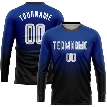 Personalized Soccer Jersey with Custom Name & Number - Royal White-Black Long Sleeve Fade Fashion Uniform Personalized Royal