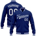 Personalized Royal White Varsity Letterman Jacket Full-Snap Bomber Personalized Royal White Bomber Full-Snap Varsity Letterman
