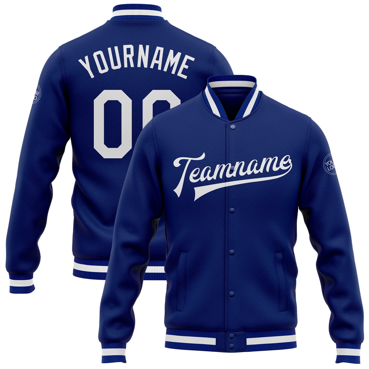 Custom Name and Number Varsity Letterman Jacket Personalized Royal White Full-Snap Bomber Personalized Royal White Bomber