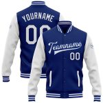 Personalized Varsity Letterman Bomber Jacket - Royal White Full-Snap Two Tone Style Personalized Royal White Bomber Full-Snap