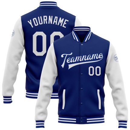 Personalized Varsity Letterman Bomber Jacket - Royal White Full-Snap Two Tone Style Personalized Royal White Bomber Full-Snap