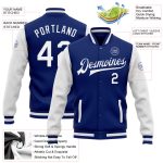 Custom Name and Number Varsity Letterman Jacket - Personalized Two Tone Royal White Full-Snap Bomber Jacket Personalized