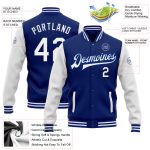 Personalized Varsity Letterman Bomber Jacket - Royal White Full-Snap Two Tone Style Personalized Royal White Bomber Full-Snap