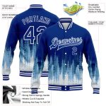 Custom Name and Number Personalized Royal White Christmas Tree 3D Bomber Varsity Letterman Jacket Personalized Royal White