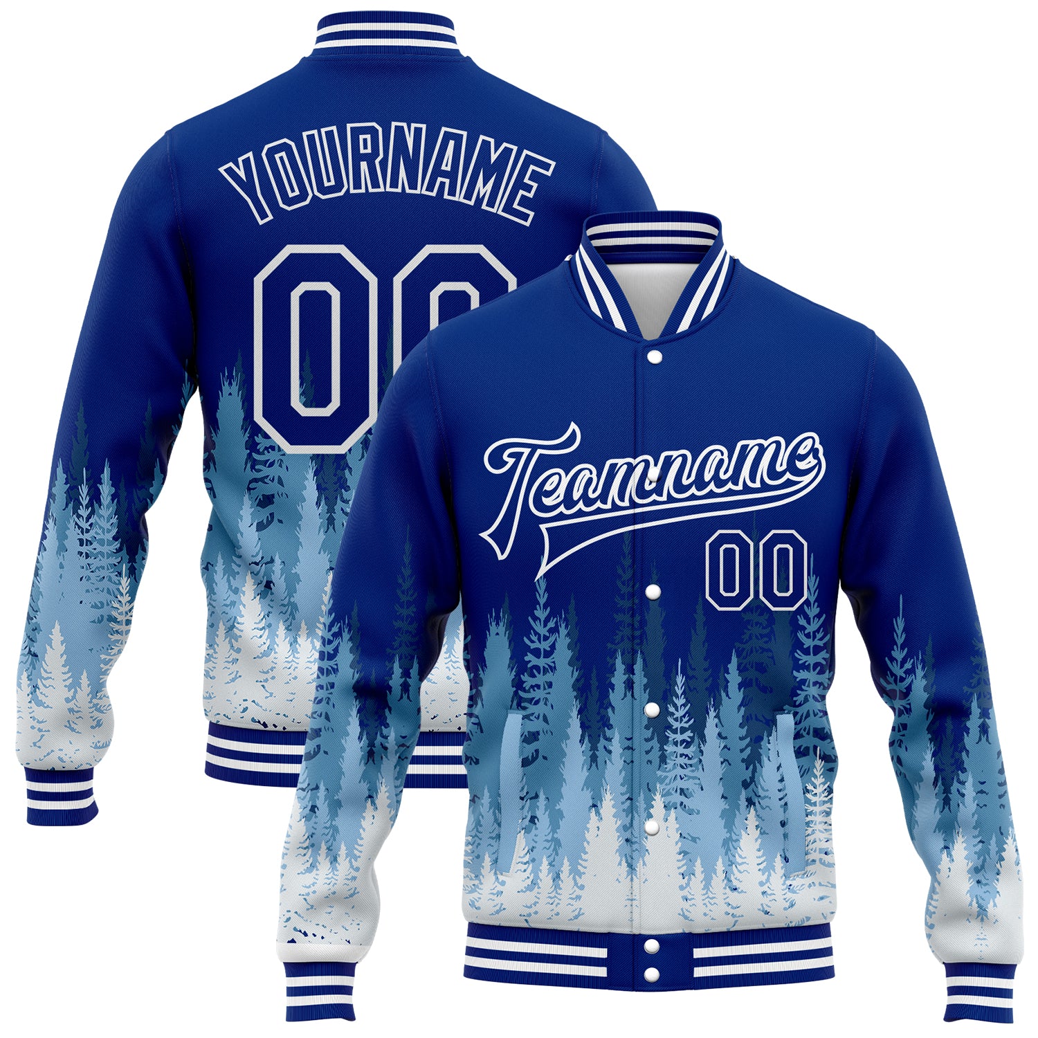 Custom Name and Number Personalized Royal White Christmas Tree 3D Bomber Varsity Letterman Jacket Personalized Royal White