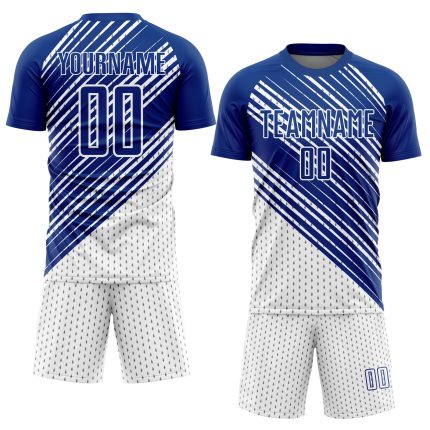 Custom White Diagonal Lines Soccer Jersey - Personalized Sublimation Uniform Personalized Royal White Diagonal Lines Sublimation
