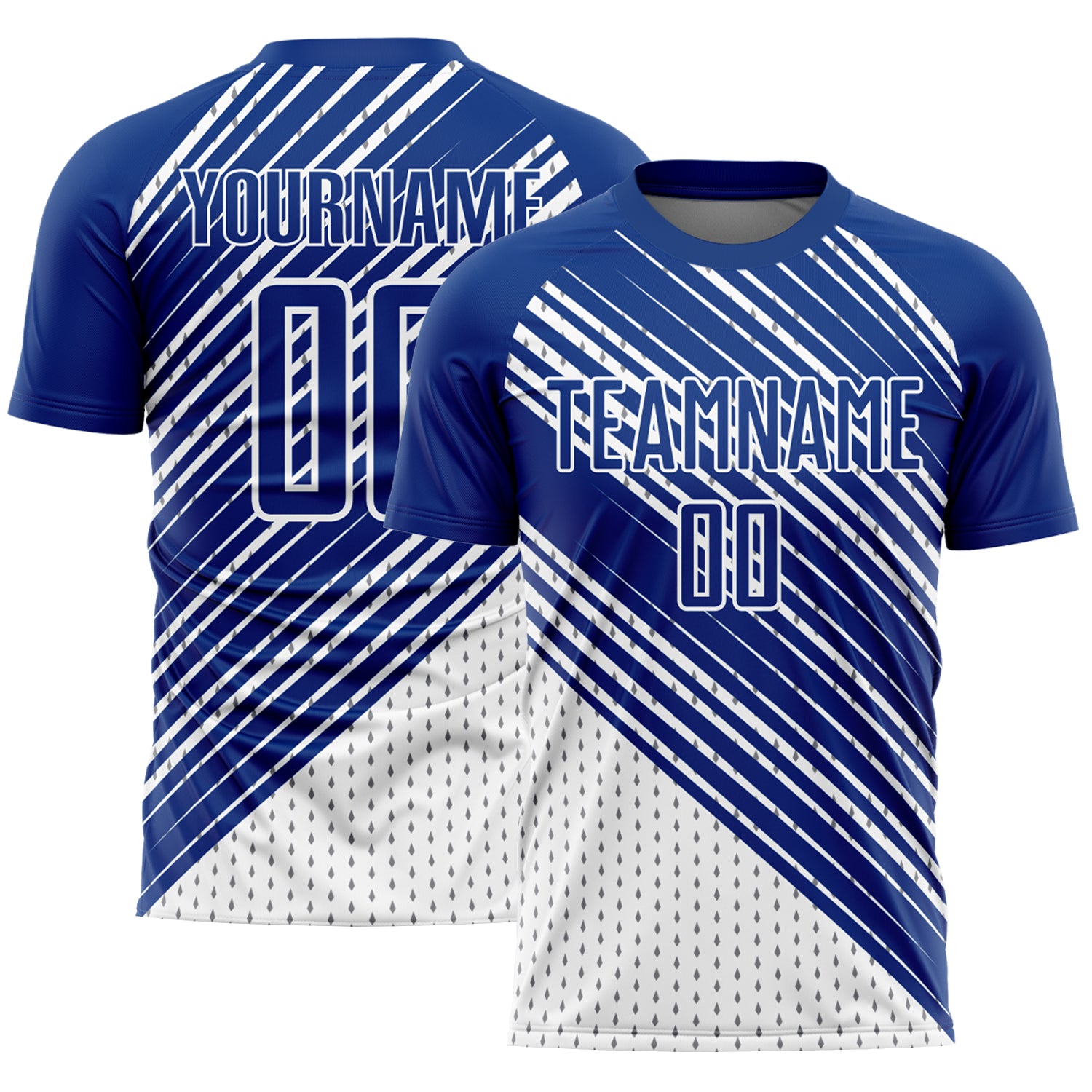 Custom White Diagonal Lines Soccer Jersey - Personalized Sublimation Uniform Personalized Royal White Diagonal Lines Sublimation