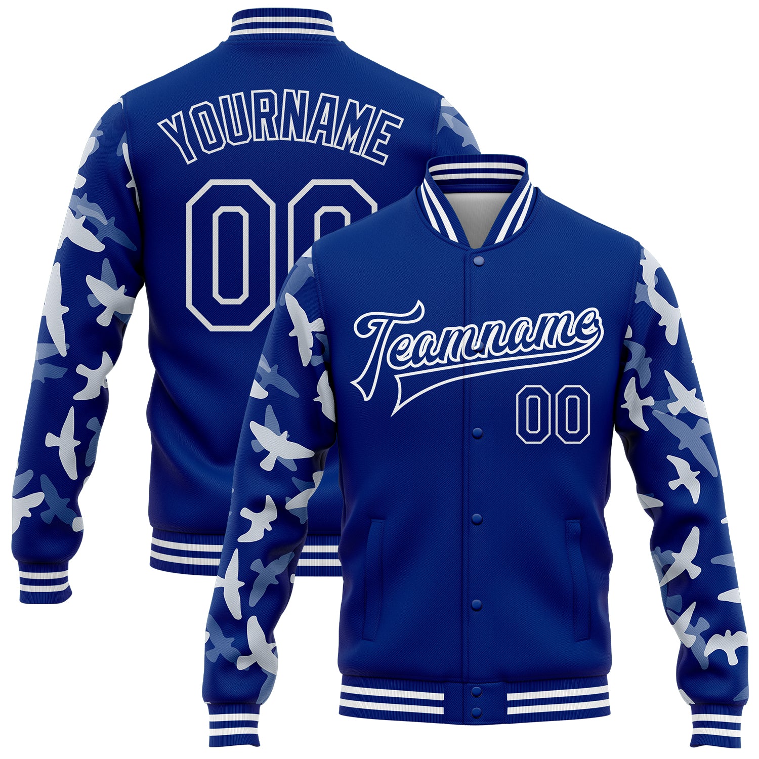 Personalized 3D Pattern Bomber Jacket with Custom Name & Number - Royal White Flying Bird Varsity Letterman Sleeves Personalized