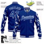 Personalized 3D Pattern Bomber Jacket with Custom Name & Number - Royal White Flying Bird Varsity Letterman Sleeves Personalized