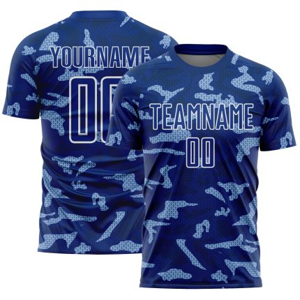 Custom Sublimation Soccer Jersey - Personalized Royal White Geometric Shapes with Team Name and Number Personalized Royal