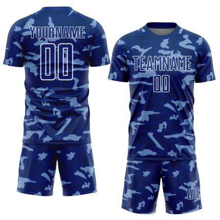 Custom Sublimation Soccer Jersey - Personalized Royal White Geometric Shapes with Team Name and Number Personalized Royal