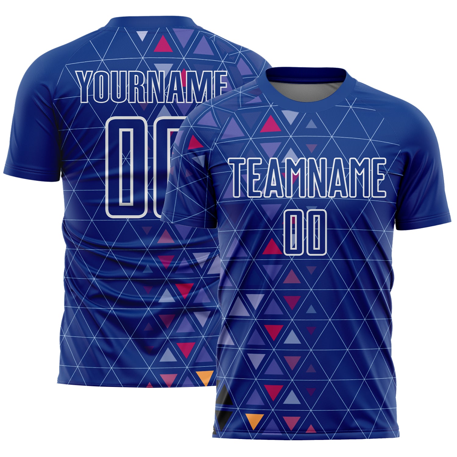 Custom Sublimation Soccer Uniform Jersey with Personalized Name & Number - Royal White Geometric Triangle Design Personalized