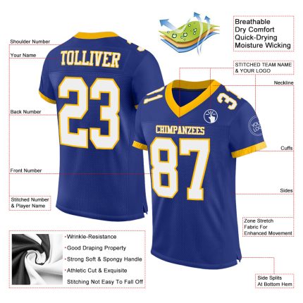 Custom Football Jersey with Personalized Name and Number - Royal White-Gold Mesh Authentic Team Gear Personalized Royal White-Gold