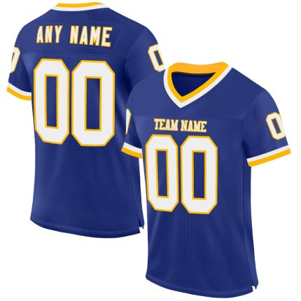 Custom Name and Number Personalized White-Gold Mesh Football Jersey - Authentic Throwback Team Jersey Personalized Royal