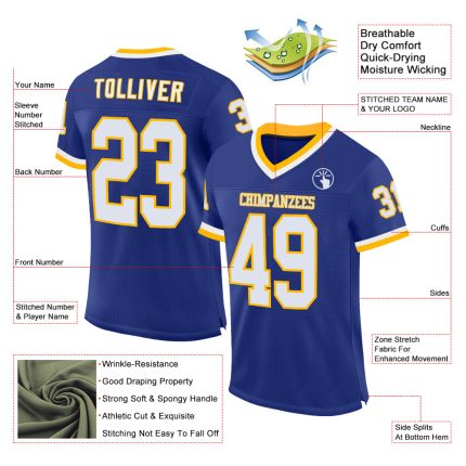 Custom Name and Number Personalized White-Gold Mesh Football Jersey - Authentic Throwback Team Jersey Personalized Royal