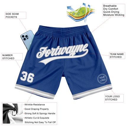Custom Name and Number Basketball Shorts - Personalized Royal White-Gray Authentic Throwback Design Personalized Royal White-Gray