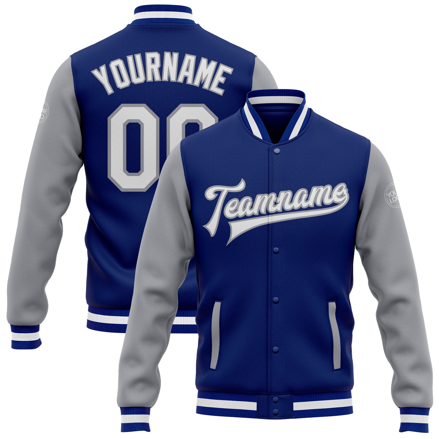 Custom Team Name and Number White-Gray Two Tone Varsity Letterman Full-Snap Bomber Jacket Personalized Royal White-Gray Bomber