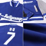 Custom Team Name and Number White-Gray Two Tone Varsity Letterman Full-Snap Bomber Jacket Personalized Royal White-Gray Bomber