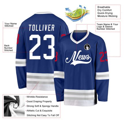 Custom Name Number White-Gray Hockey Jersey Personalized Team Apparel Personalized Royal White-Gray Hockey Jersey Team Custom