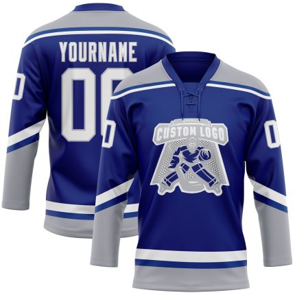 Custom Name and Number Hockey Jersey - Personalized Royal White-Gray Lace Neck Team Apparel Personalized Royal White-Gray