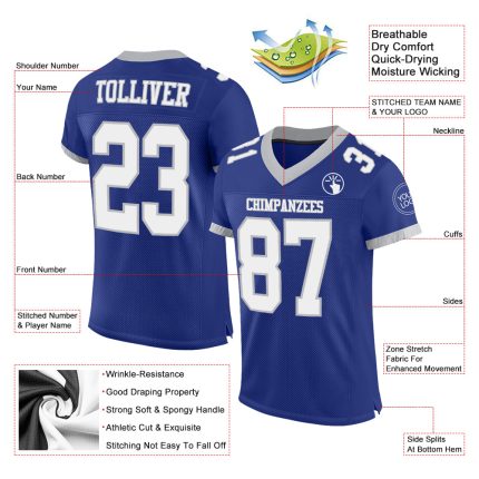 Custom Name and Number Personalized Authentic Football Jersey - Royal White-Gray Mesh Personalized Royal White-Gray Mesh