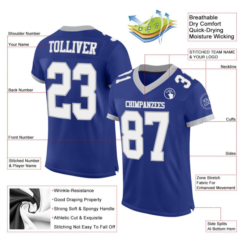 Custom Name and Number Personalized Authentic Football Jersey - Royal White-Gray Mesh Personalized Royal White-Gray Mesh