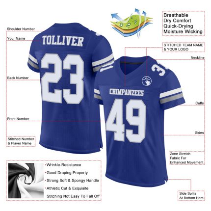 Personalized Authentic Football Jersey - Royal White-Gray Mesh Design Personalized Royal White-Gray Mesh Authentic Football