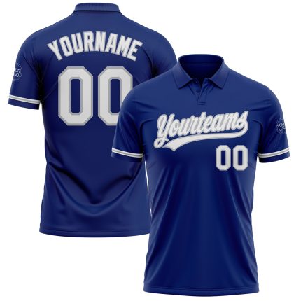 Custom Name and Number Personalized Golf Polo Shirt - White-Gray Performance Vapor for Teams Personalized Royal White-Gray