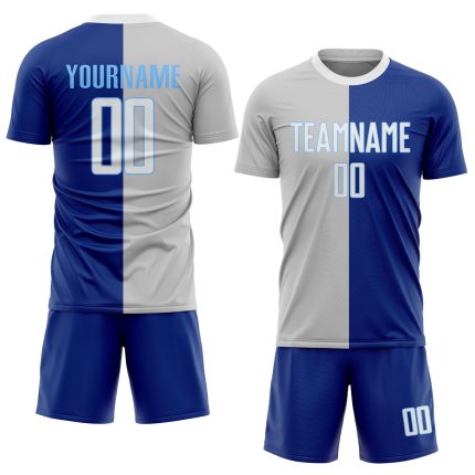 Custom Name Number Soccer Jersey Personalized Royal White-Gray Split Fashion Uniform Personalized Royal White-Gray Sublimation