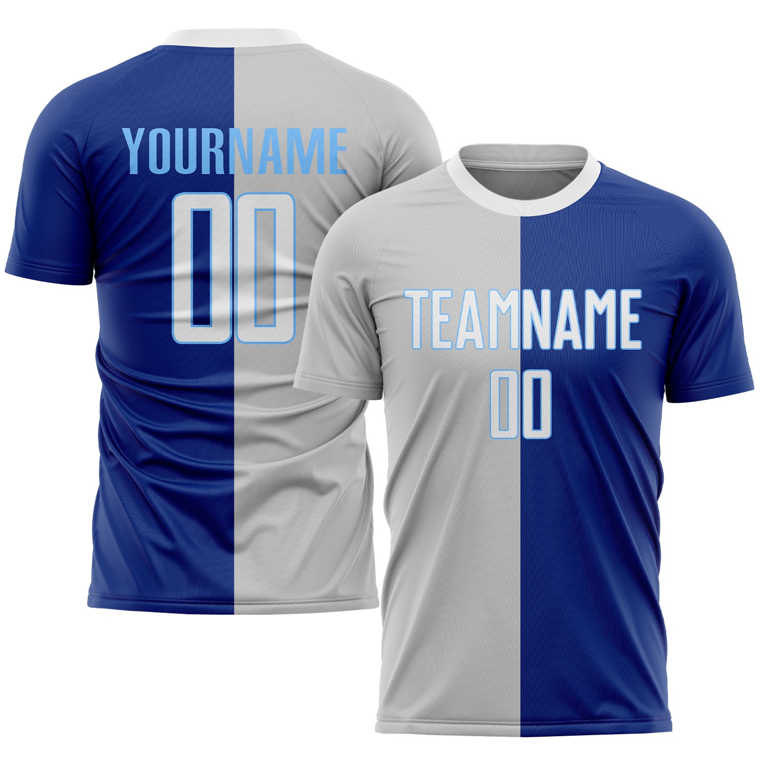 Custom Name Number Soccer Jersey Personalized Royal White-Gray Split Fashion Uniform Personalized Royal White-Gray Sublimation