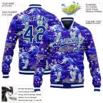 Custom Name and Number Bomber Jacket with 3D Royal White Heron and Wave Pattern - Full-Snap Varsity Letterman Style Personalized