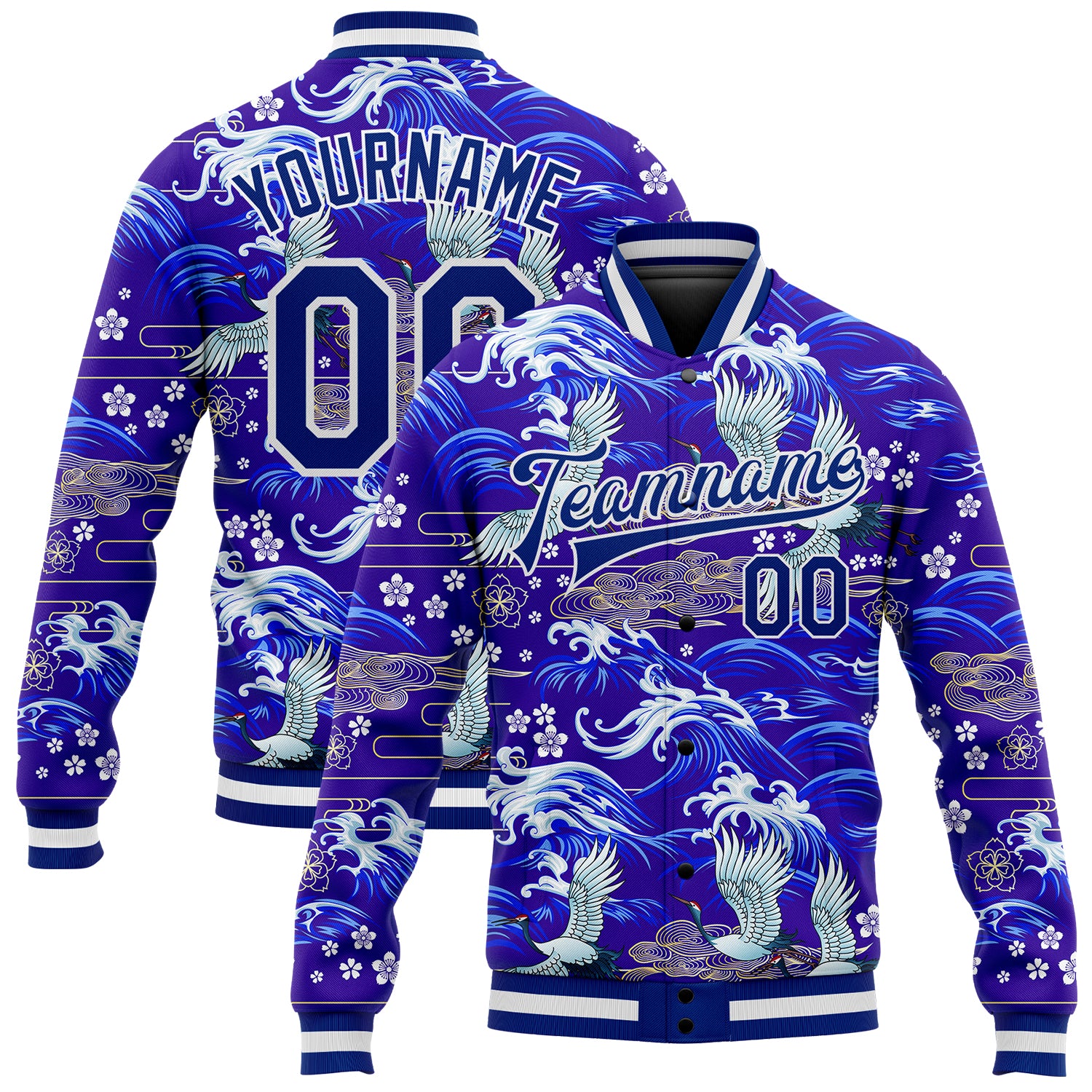 Custom Name and Number Bomber Jacket with 3D Royal White Heron and Wave Pattern - Full-Snap Varsity Letterman Style Personalized