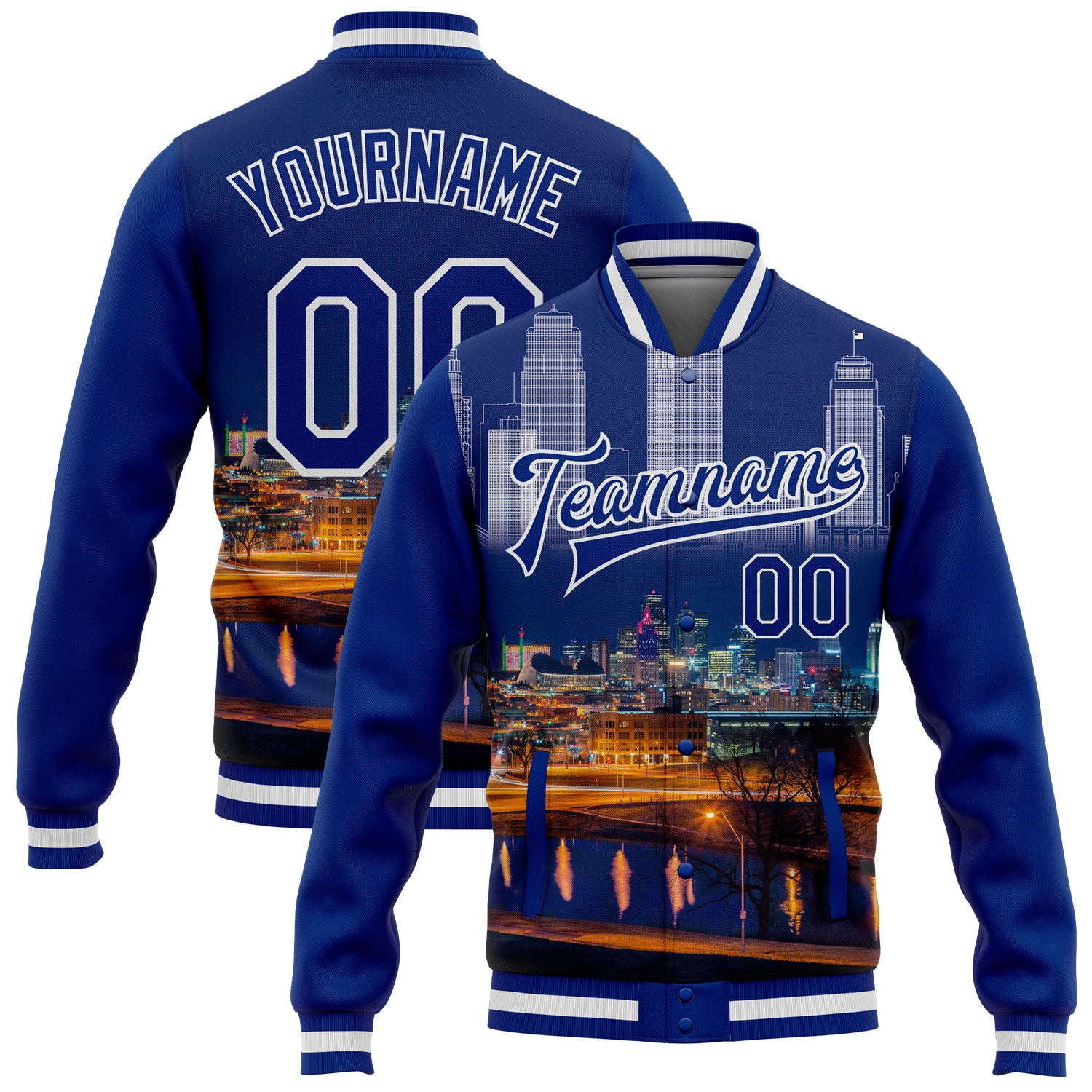 Personalized Kansas City Missouri 3D Varsity Letterman Jacket Custom Name and Number Royal White Bomber Full-Snap Personalized