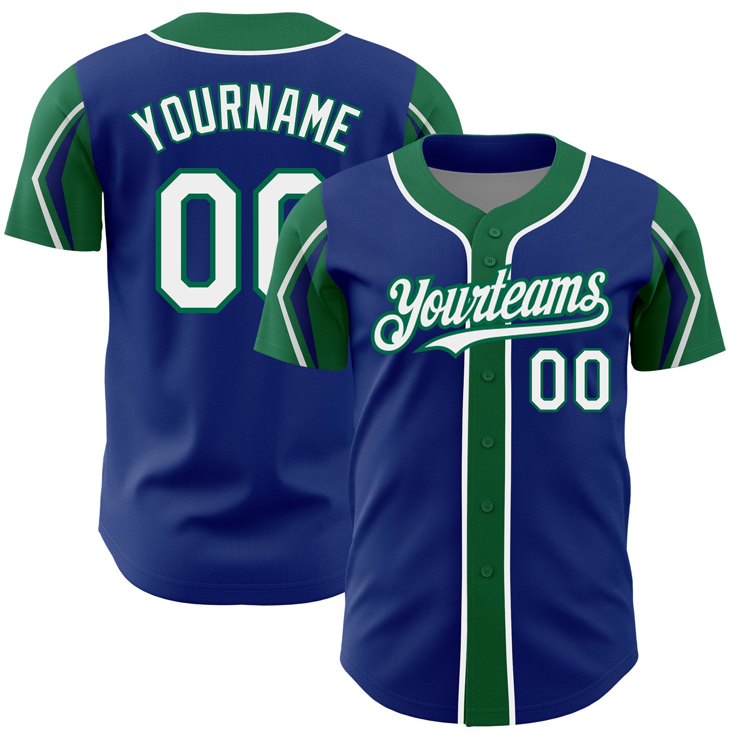 Custom Name and Number Authentic Baseball Jersey in Royal White and Kelly Green - 3 Colors Available, Team Spirit Apparel