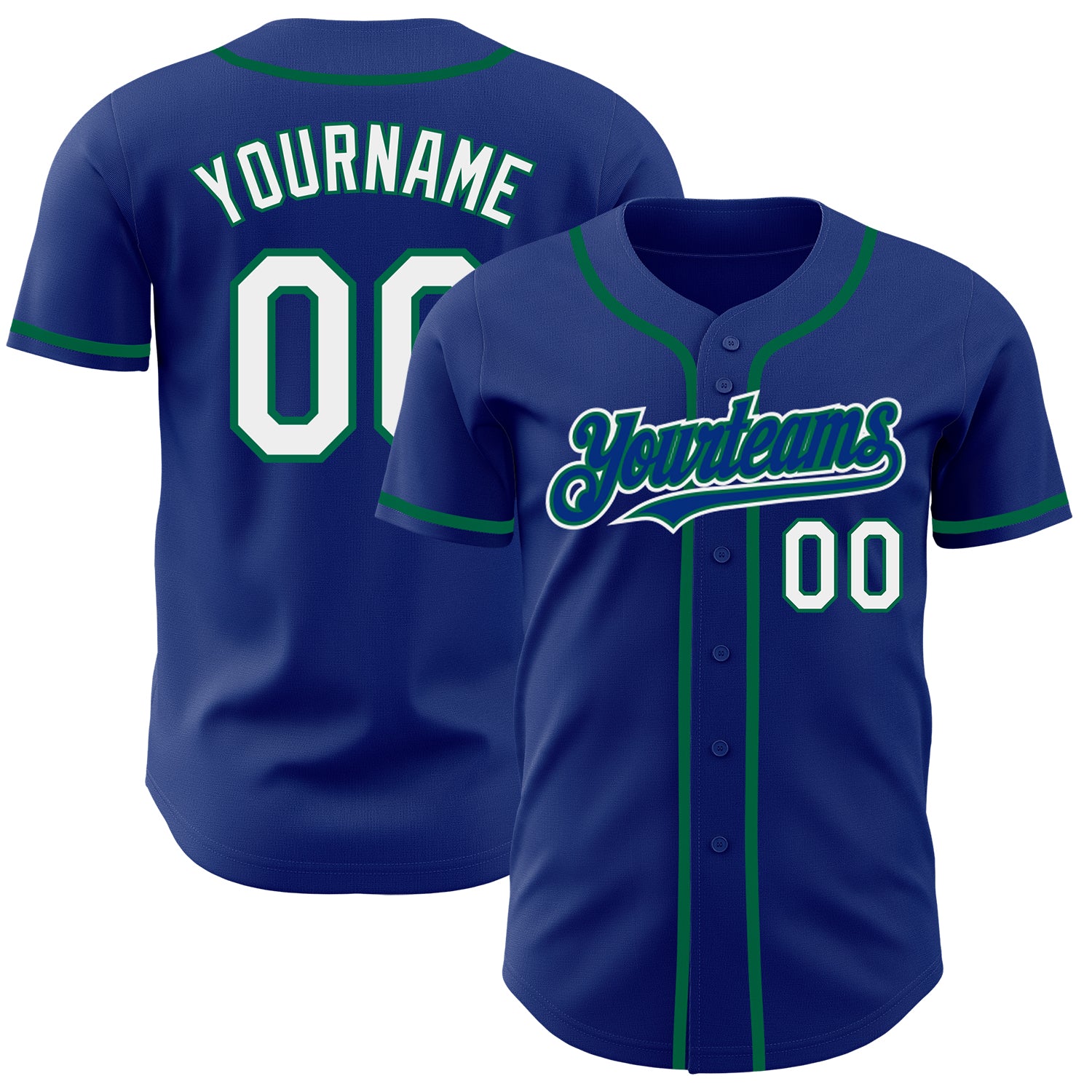 Custom Name and Number Authentic Baseball Jersey in Royal White and Kelly Green - Personalized Team Gear Personalized Royal