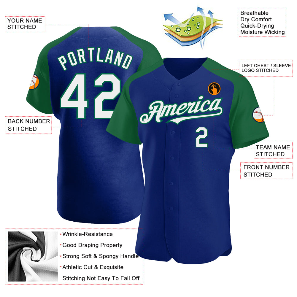 Personalized Royal White-Kelly Green Authentic Raglan Sleeves Baseball Jersey Team Custom Name and Number Personalized Custom Team Name Number Royal White Kelly Green Baseball Jersey Authentic Raglan Sleeves Personalized Royal - Image 3