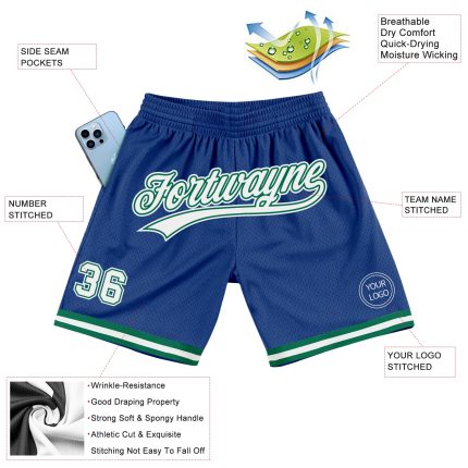 Personalized Authentic Throwback Basketball Shorts in Royal White and Kelly Green Personalized Royal White-Kelly Green Authentic