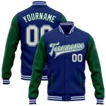 Custom Team Name Number Two Tone Bomber Varsity Jacket Royal White Kelly Green Full-Snap Personalized Royal White-Kelly Green