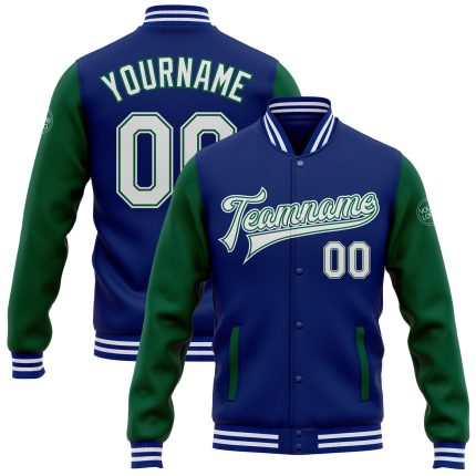 Custom Team Name Number Two Tone Bomber Varsity Jacket Royal White Kelly Green Full-Snap Personalized Royal White-Kelly Green