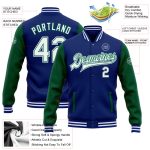 Custom Team Name Number Two Tone Bomber Varsity Jacket Royal White Kelly Green Full-Snap Personalized Royal White-Kelly Green